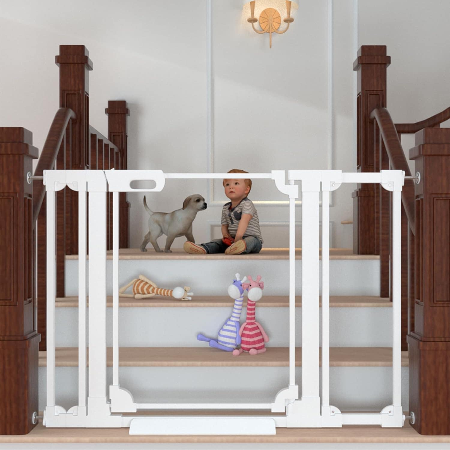 透明ゲート 取付幅75-120cm 階段用 扉開閉式 突っ張り式 オートクローズ機能 拡張可能 高さ78cm ホワイト 材質:アクリル