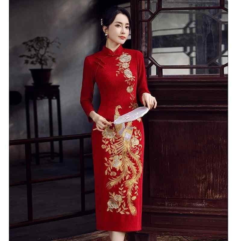 チャイナ ドレス レッド 鳳凰 刺繍 パーティー マザーズ きれいめ ワンピース レディース 婦人 洗練 お母様 披露宴用 ドレス