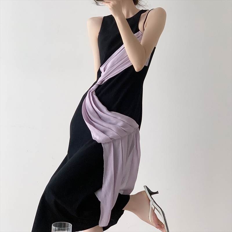 レディース ワンピース ドレス ロング ノースリーブ ラウンドネック ハイウエスト 大人可愛い きれいめ 上品 おしゃれ かっこいい レトロ ラフ ガーリー クール エレガント 主役級 存在感 フォー