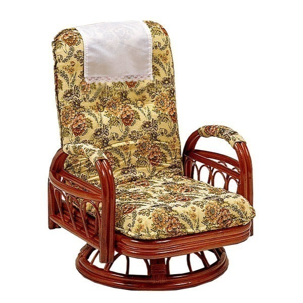 籐 回転座椅子 リクライニング クッション付 ラタン家具 座面高26cm