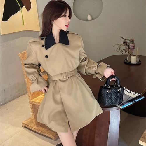 【即納】アトレンチコート ショートコート ジャケット ウター 韓国 無地 バイカラー襟 秋 冬 春服 長袖 ショート丈 ミドル丈 おしゃれ 可愛い 大人 ふんわり フレア 薄手 シンプル ゆったりめ