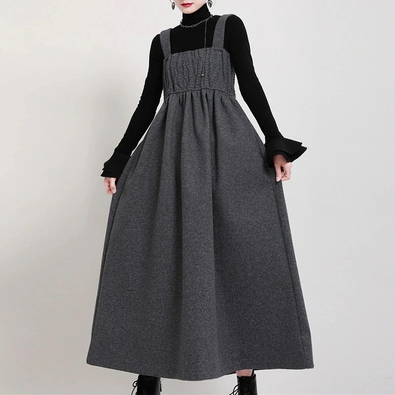 【J.Fashion】ラシャ シワ風 キャミワンピース 厚手 ゆる 大きい裾 レディース 春秋冬 ロングワンピース ドレス メガ割30%までに制限