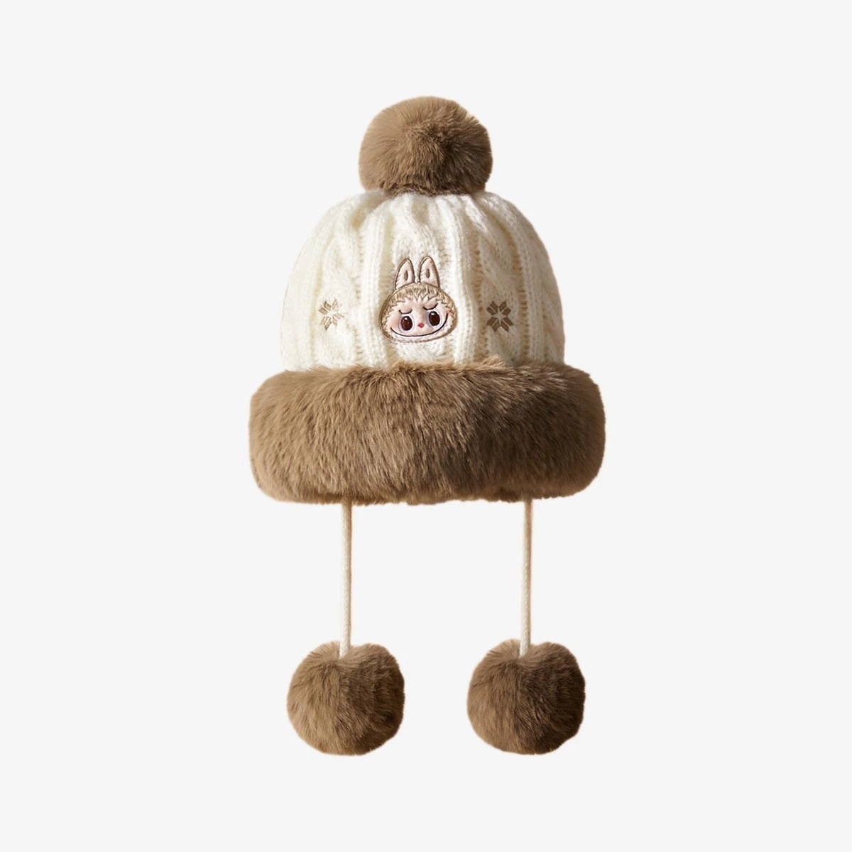 公式正規品POP MART Warm Fluffy Holiday Series- LABUBU Plush Hat 冬の防寒帽子大頭囲ぬいぐるみ掛けボール可愛い耳保護帽子女性耳カバー絨厚めニット帽子