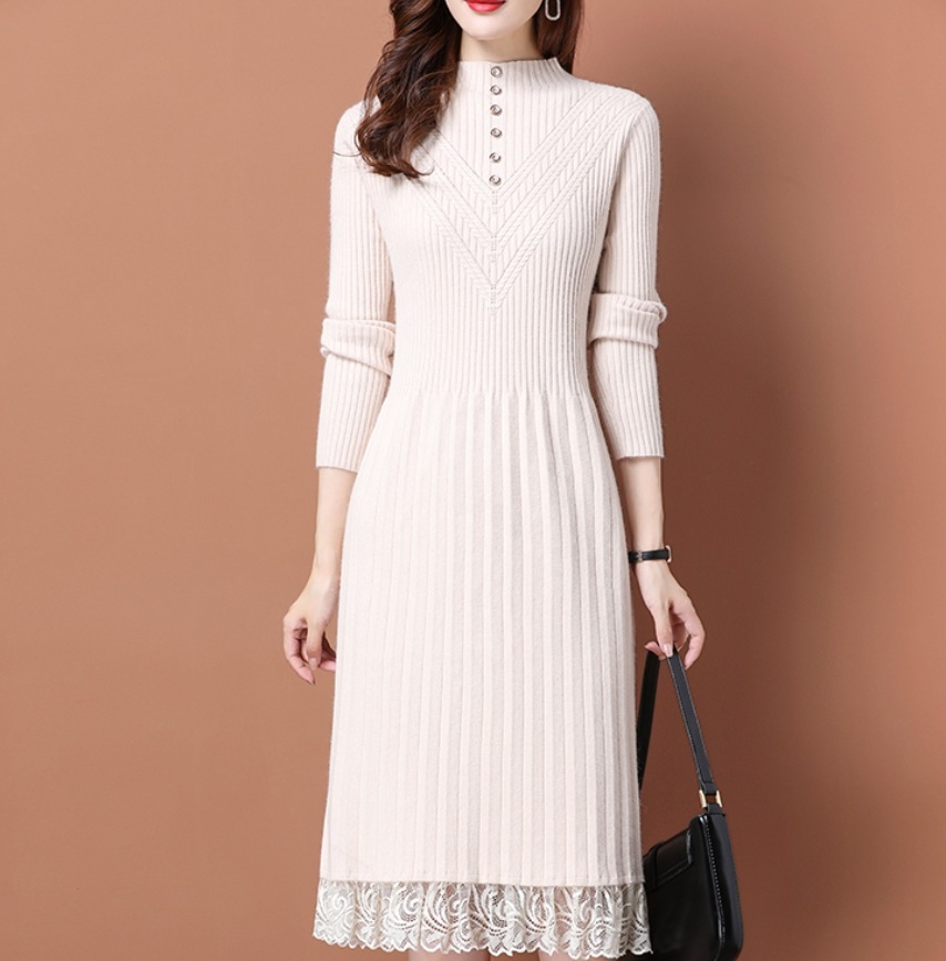 ワンピース デート レース モテアイテム ミモレ丈 長袖 ミドルネック リブニット 可愛い きれいめ 上品 おしゃれ かっこいい 可愛い ラブリー キュート ガーリー クール モード系