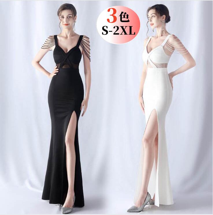 [シンプル ハイウエスト Vネック キャミソール タイトロングドレス] [S/M/L/XL/2XL]ノースリーブ ワンピース ドレス 披露宴 二次会 キャバドレス ロングドレス タイトワンピース スリ