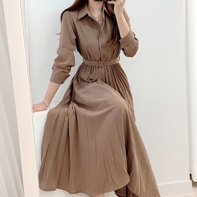 ワンピース シャツワンピース フレアワンピース ミモレ ミモレ丈 ロング ロング丈 袖あり 長袖 Vネック 襟付き プリーツ ベルト ウエストマーク かわいい 大人可愛い きれいめ シンプル 大人