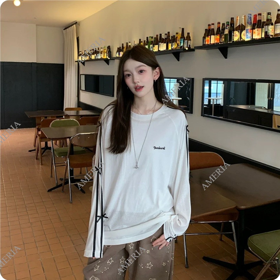 シック デザイン ストライプ 蝶ネクタイ 長袖 Tシャツ ジャケット 秋 冬 リボンサイドラインロング Tシャツ