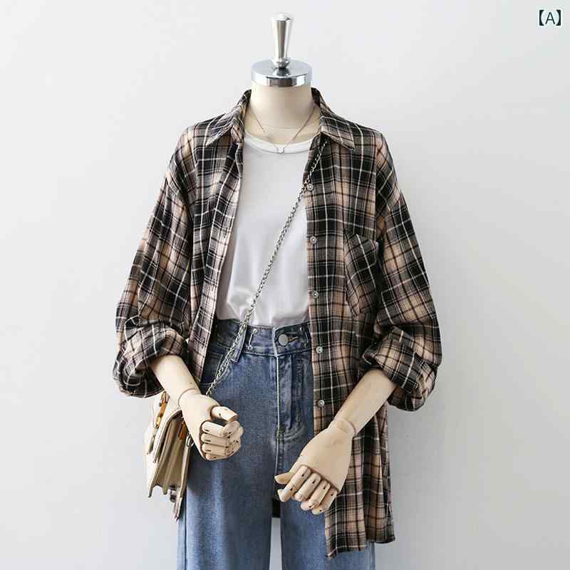 レディース シャツ ブラウス 長袖 春秋 黒に薄茶のチェック柄 アウターウェア レトロデザイン ジャケット風トップス オーバーシャツ ヴィンテージ スタイリッシュ カジュアル