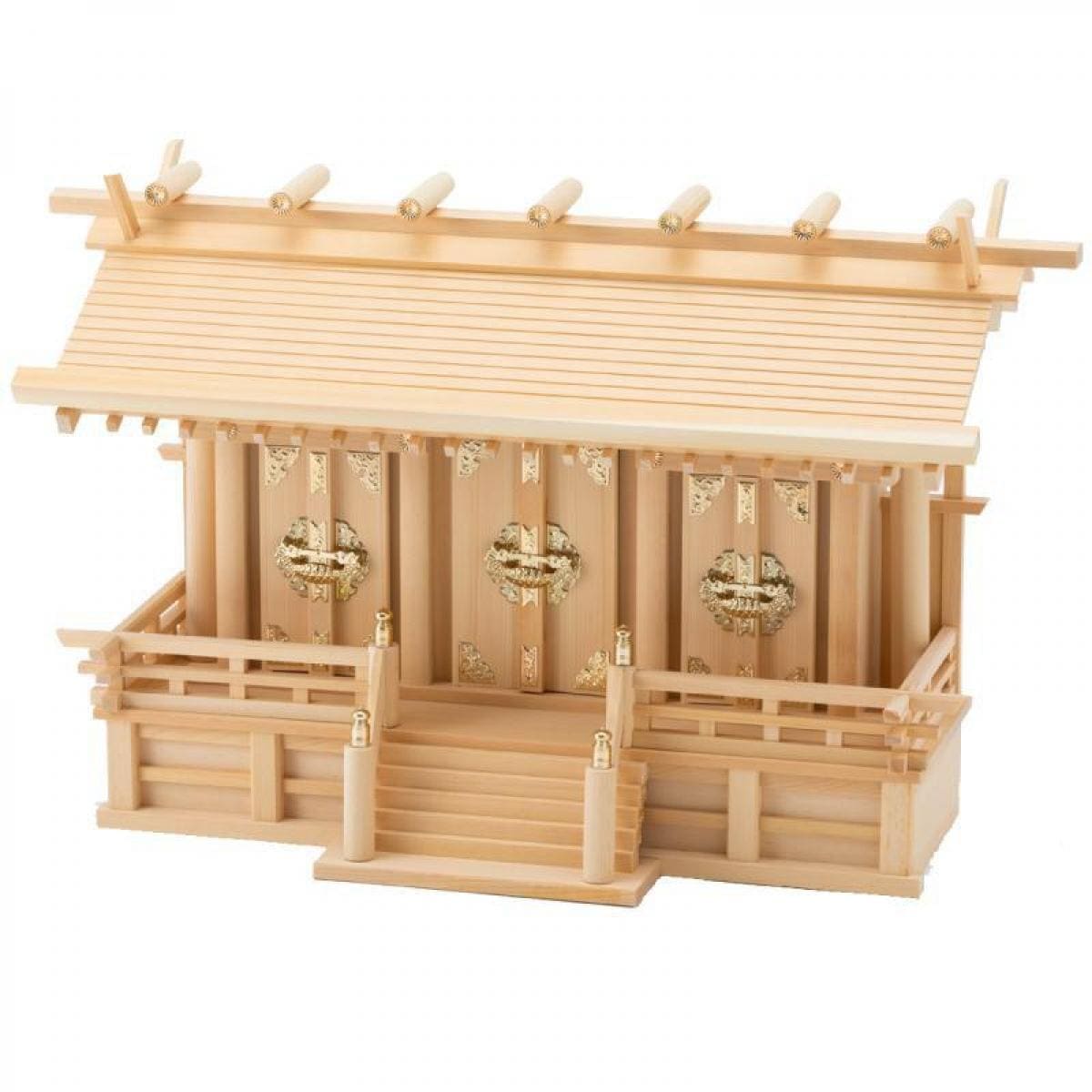 静岡木工 神棚の里 通し屋根違三社 丸柱 木曽桧 低床（中） 神棚 日本製 高級 低床 木曽檜（ひのき）