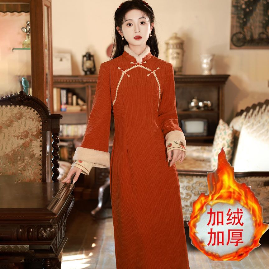 チャイナドレス23ライトガーリー長袖厚く暖かい反転大きな袖の新しいチャイナスタイルドレス