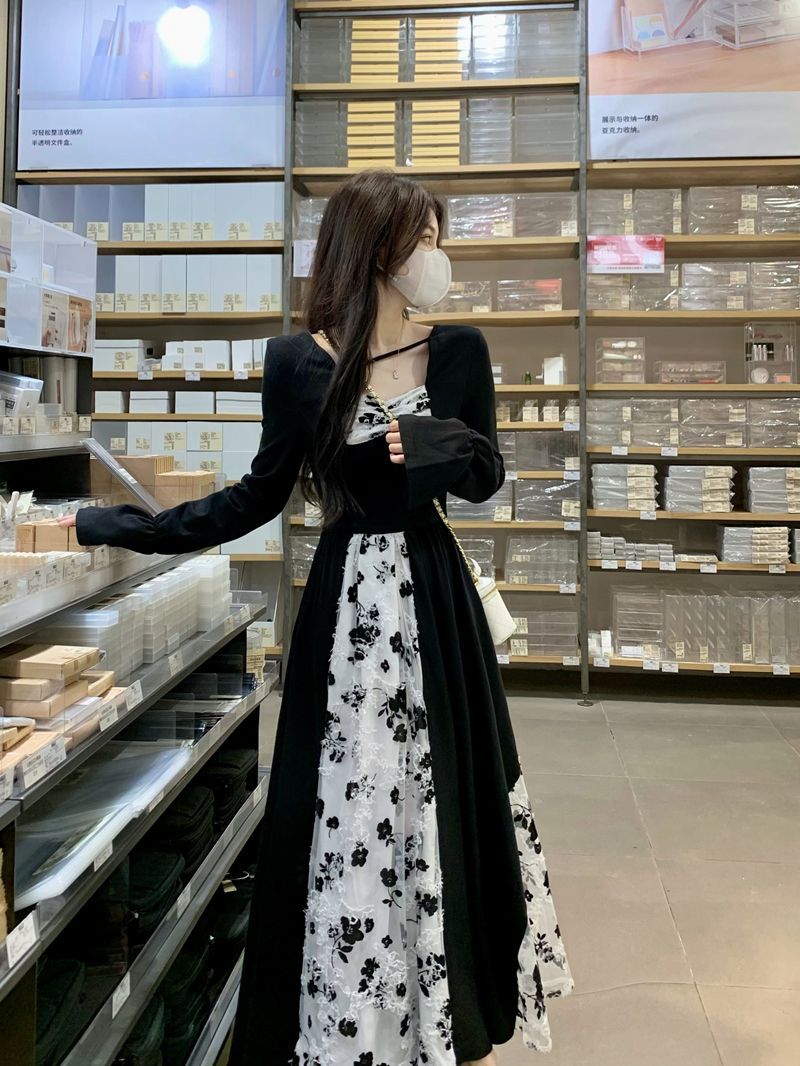 春と秋のパッチワークフェイク2枚の変則ワンピースフレンチレトロなレースの大きめサイズで細身の高級感を演出ハロウィンクリスマスパーティー仮装30%までに制限