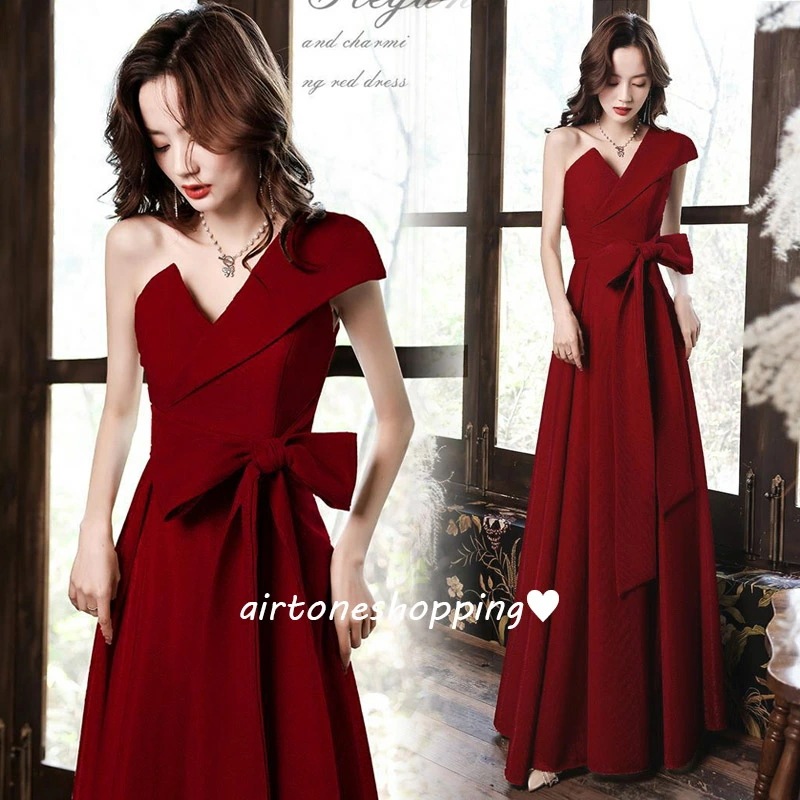 結婚式ドレス 二次会ドレス ワイン赤 シャンパン色 サテン ドレス ゲストドレス ワインレッド ワンショルダー リボン オシャレ 可愛い ロングドレス 結婚式 二次会 パーティードレス イブニングドレ 6,042円