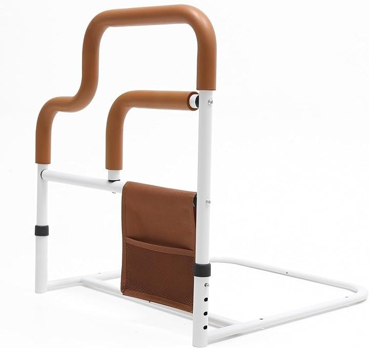 ベッドガード 起き上がり手すり 介護用 転落防止 立ち上がり補助 長さ調節可 収納ポケット付き 軽量 丈夫 簡単組立 日本語説明書 (オレンジ)