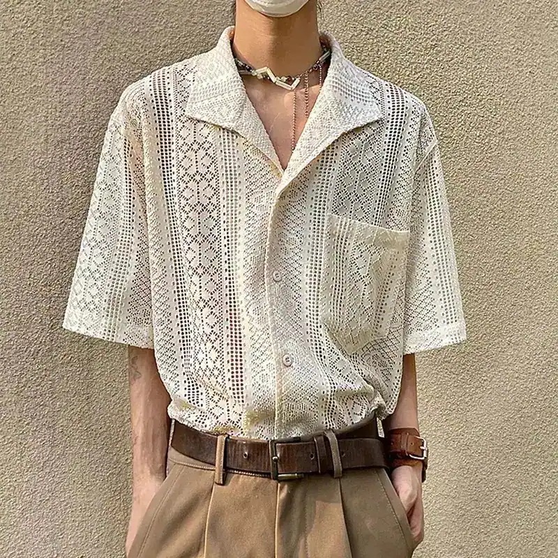 開襟シャツ メンズ 半袖 ゆったり 薄手 パンチング レース 透け感 トップス レディース ユニセックス 黒 杏色 UVカット 男女兼用 ストリート系