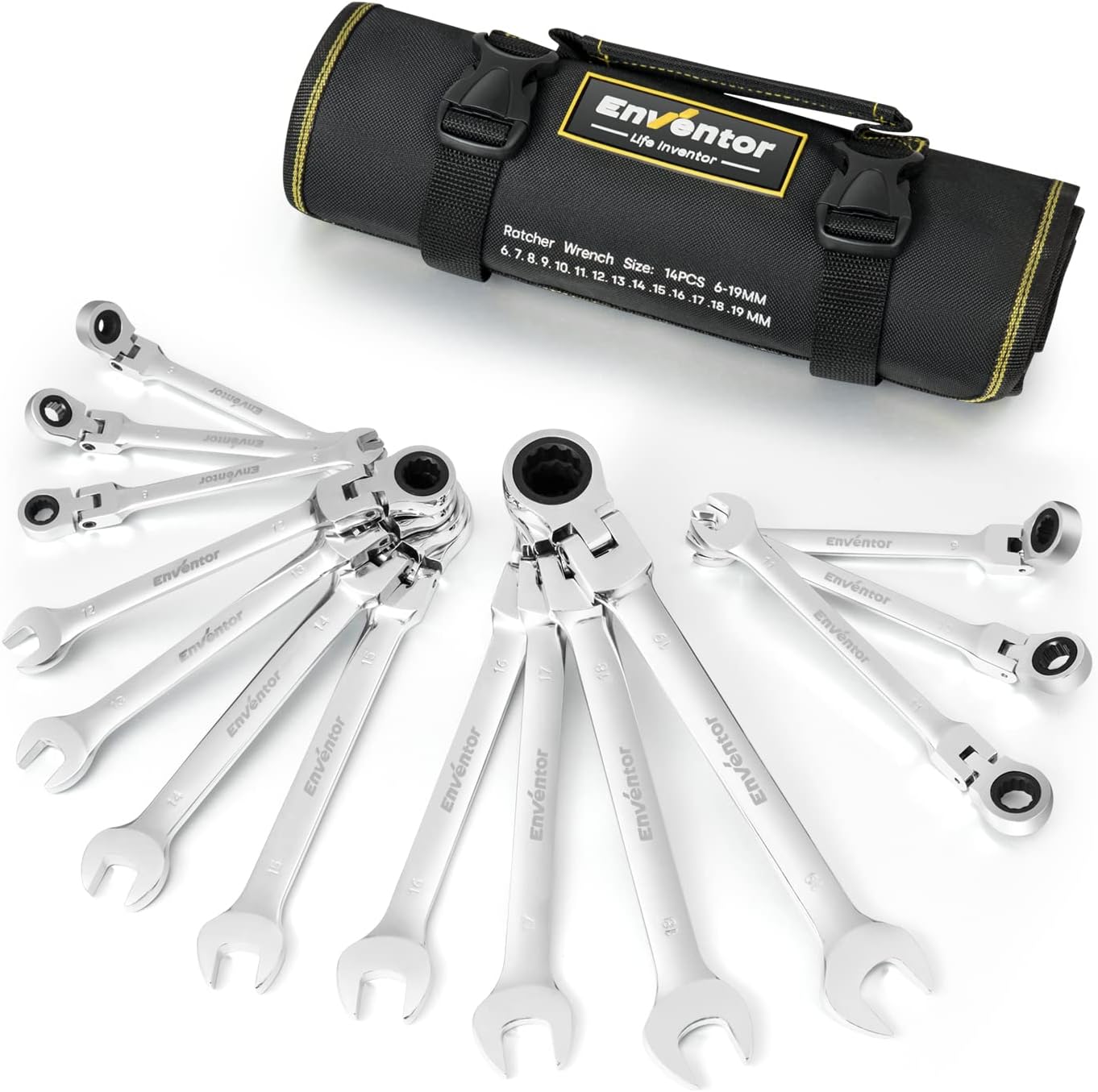角度調整可能な両用ヘッドラチェットレンチセット 6～19mm 14本組 収納ポーチ付き