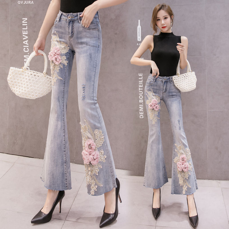 ビーズ刺繍フレアクロップドパンツレディース春秋韓版ハイウエストスリムストレッチジーンズフレアパンツスキニーストレッチジーンズフレアパンツ 母の日 母の日-0008852