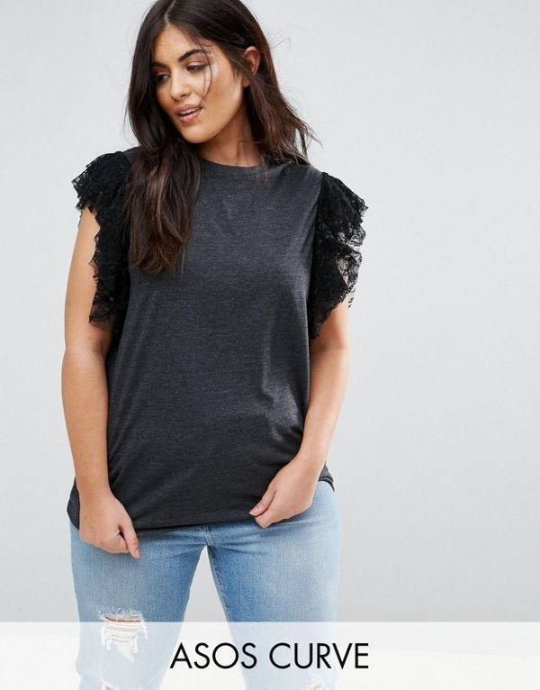 ASOS エイソス レディース 大きめサイズ ゆったりサイズ 送料無料 Multi CURVE T-Shirt With Lace Shoulder Ruffle