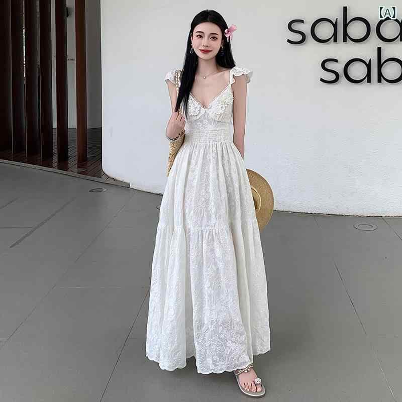 新規発売（人気）ワンピース レディース 夏 Vネック キャミソール レース 刺繍 フレンチ リゾート スタイル バックレス ロング ドレス ビビッドカラー 軽量 伸縮性 吸湿速乾 女性向け リゾートウ