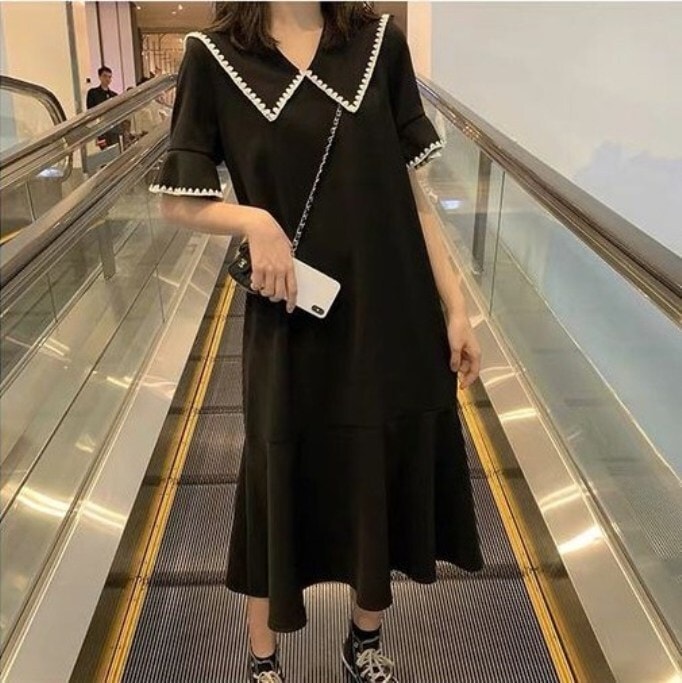 大きめ襟 ビックカラー 配色ステッチ トリミング フレアカフス 二の腕カバー 着痩せ ワンピース