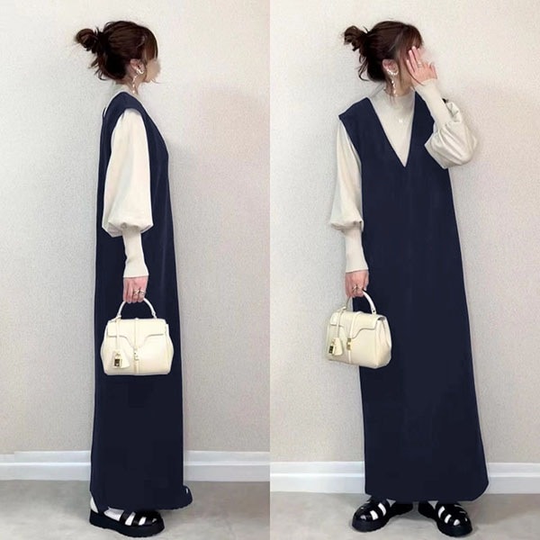 【再入荷予定】上品な可愛さ ノースリーブ Vネック ロング ワンピース レディース 秋冬