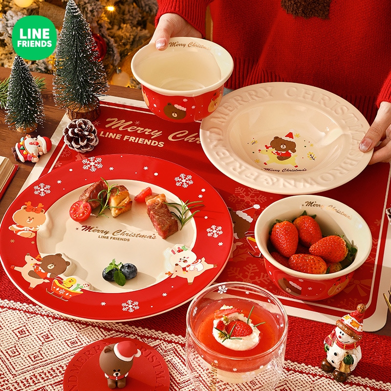 line friendsブラウンベア新年のボウルとプレートセットお土産食器セラミックボウルとプレートカップギフトボックスホーム赤いボウルとプレート