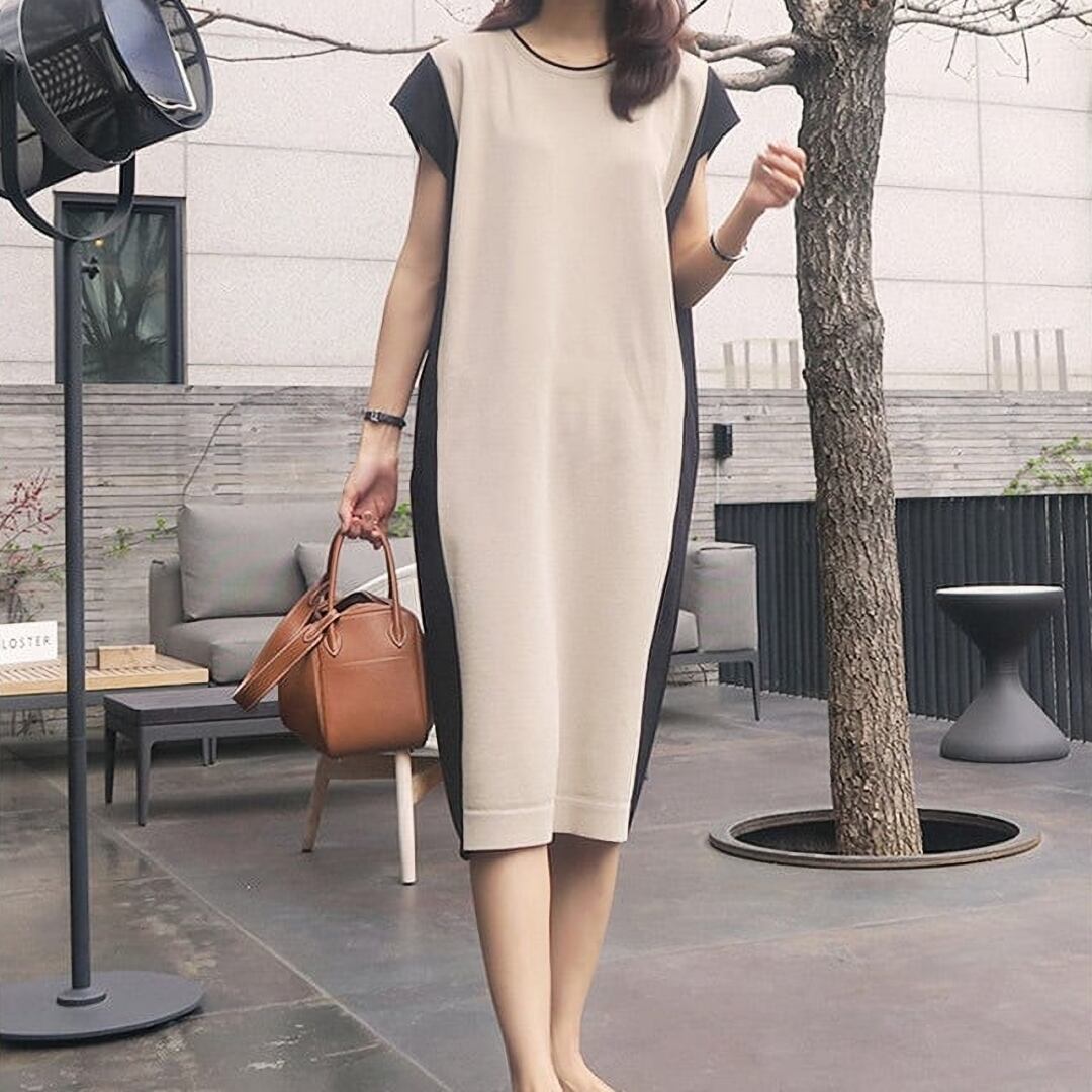 バイカラー フレンチ袖 ワンピース レディース 膝下 ミモレ 7分丈 半袖 ラウンドネック 襟なし ノーカラー スリム Aライン フェミニン 大人可愛い きれいめ シンプル カジュアル 上品 おしゃれ 4,963円