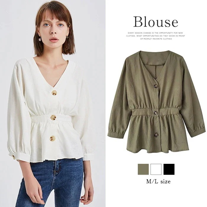 大人気！ SALE トップス 長袖 シャツ ゴムウエスト Vネック レディース 無地 シンプル 優雅 ファッ シャツ ブラウス