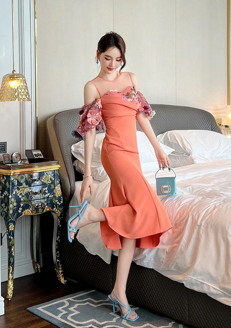 2025夏新品 オフショルダー マーメイド 花飾り ワンピース ドレス パーティー キャバ 大人 同窓会 披露宴 卒業式 結婚式 演奏会 ウェディング 二次会 メガ割30%までに制限