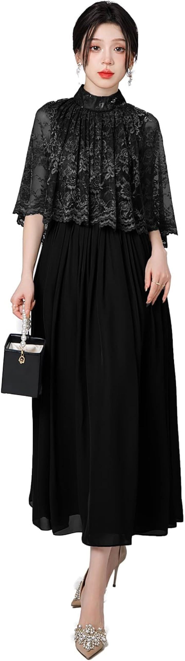 結婚式ドレス ケープ付き ロング レース お呼ばれ 袖あり ミモレ丈 体型カバー Aライン フォーマル( ブラック, S)