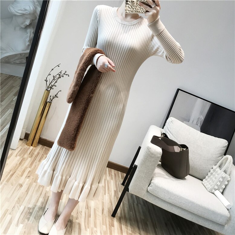 4color レディース リブフレアワンピース リブニット裾フリルロングワンピース ワンピース