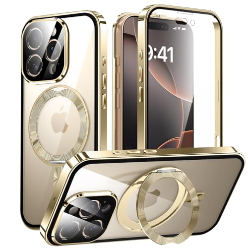 iPhone 16 Pro 用 両面 MagSafe対応 ケース アイフォン16プロ アルミバンパー 360回転スタンド Uovon スマホケース アイホン16プロ 全面保護 カバー リング カメラ