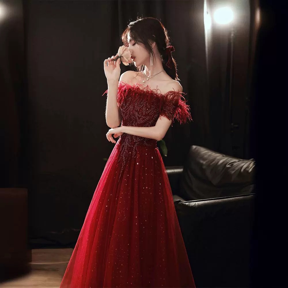 乾杯花嫁2024夏バーガンディロング結婚式服婚約ドレス謝恩会ドレス雰囲気