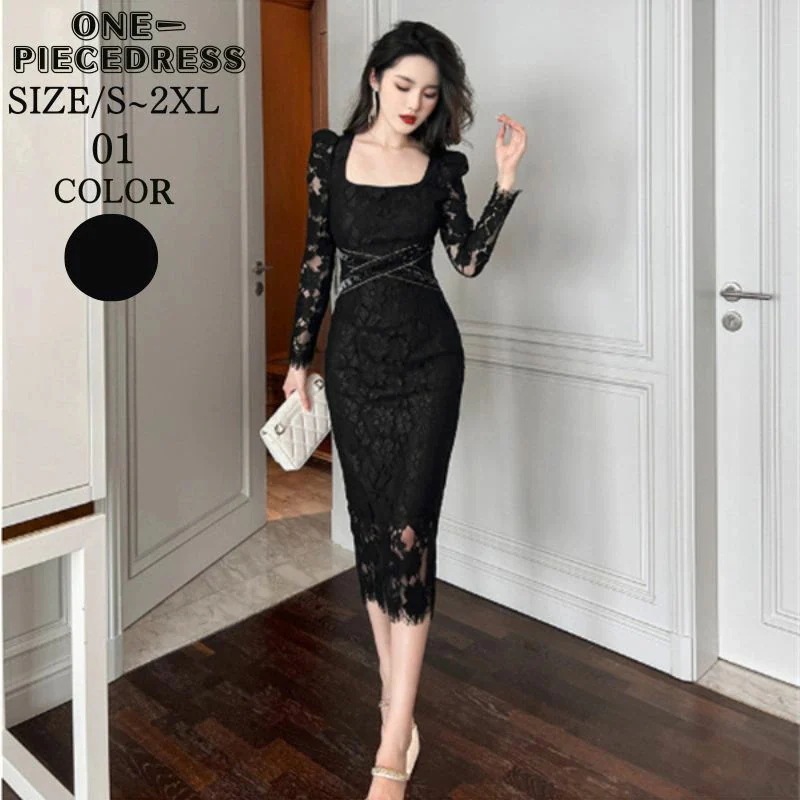ワンピスドレス　タイトドレス　パーティードレス　フォーマルドレス　総レース　レーススリーブ　姫系　セクシー上品 大人 きれいめ キャバ嬢　お水　結婚式 20代 30代 40代　黒色　韓国 ファッション