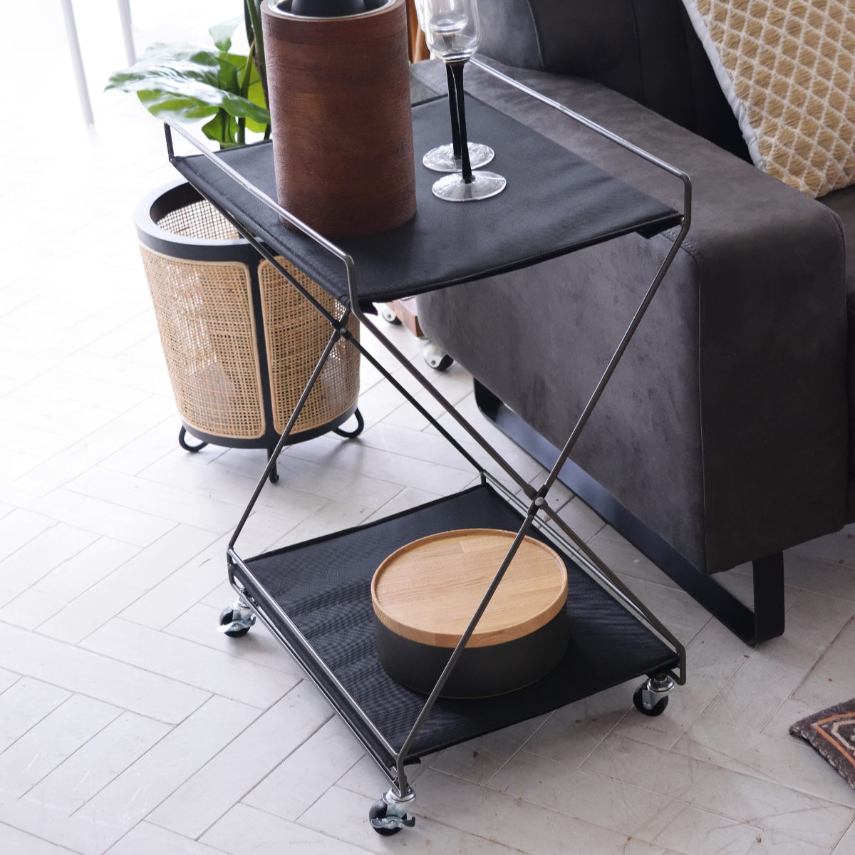 ラック フォールディングワゴン L キャスター付き ワゴン 折りたたみ 収納 棚 収納棚 サイドテーブル コンパクト 収納ラック 軽量 アウトドア ブラック 小物収納 キャンプ 移動 持ち運び