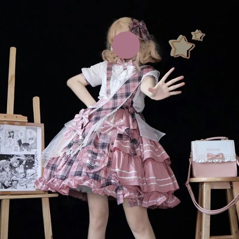 スイートハート アイドル 打歌服 サスペンダー グリッド プリーツスカート セット ロリータ