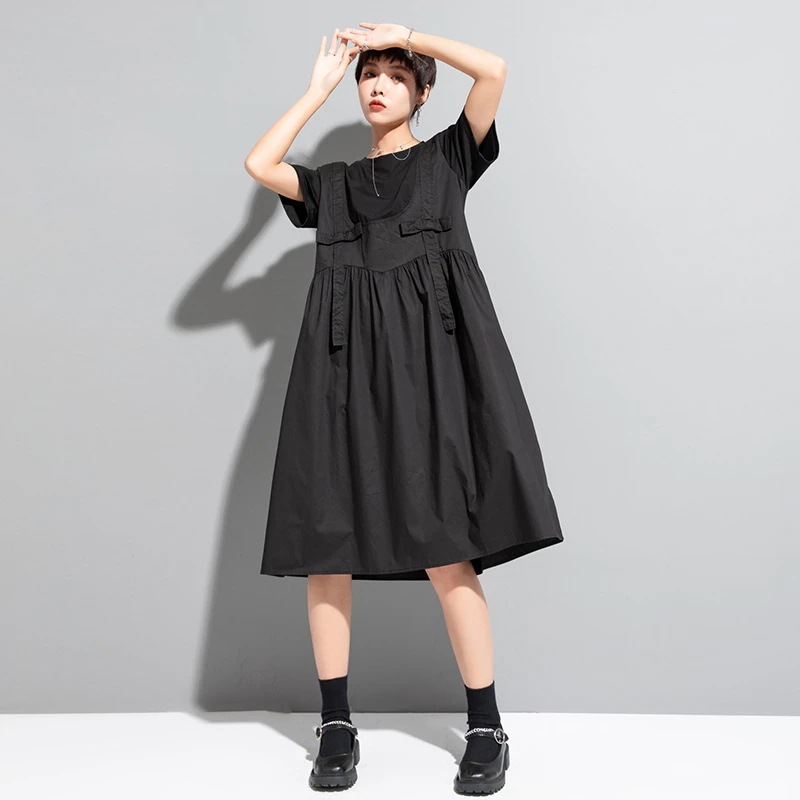 欧米ドレスカジュアルでゆったりしたワンピースフェイクレイヤード夏半袖Aラインワンピース