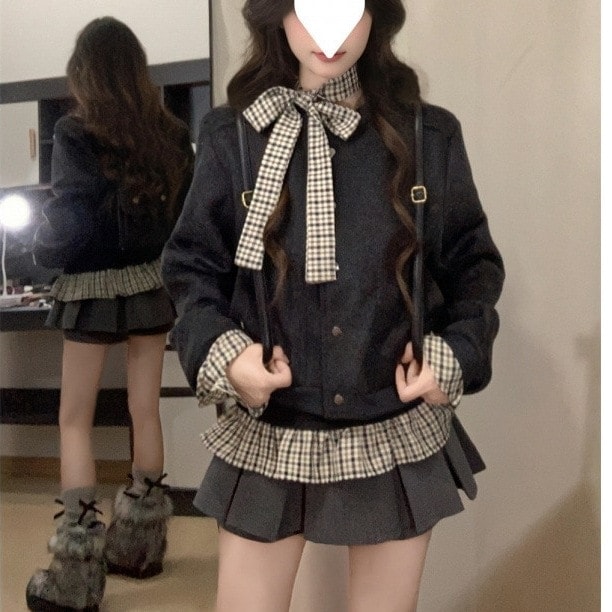 【急速発送】韓国系学院風丸首カーディガンコート＋チェック柄ボトムトップス＋プリーツスカートの3点セット女制服秋の万能アイテム