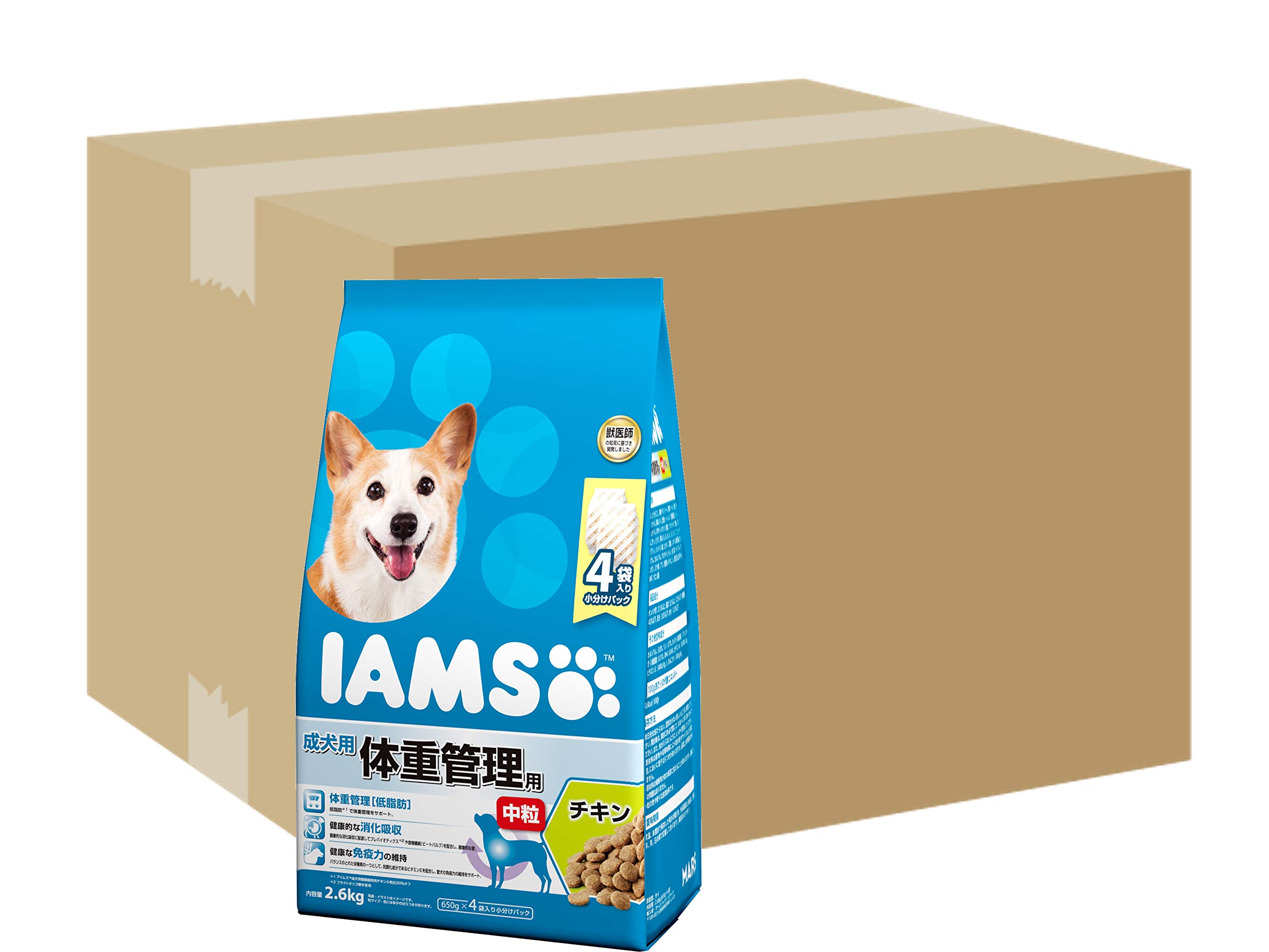 アイムス ドッグ 1歳から 体重管理用 中粒 2.6kg × 4 (ケース販売) 小分け(650g×4袋) チキン 総合栄養食 ドッグフード 犬 ドライフード 体重管理(低脂質) 健康的な消化吸収 免