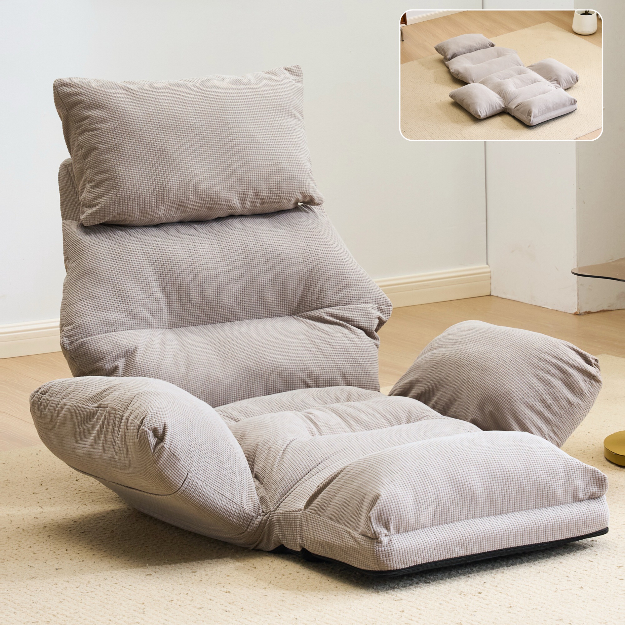 送料無料163座椅子 ソファーベッド 一人掛けソファ 可愛らしいデザイン 背もたれ6段調整可能 足元6段階調節　弾力性抜群　2WAY 1人掛け　シンプル 折りたたみ式 フロアソファー 寝る 座る 可愛