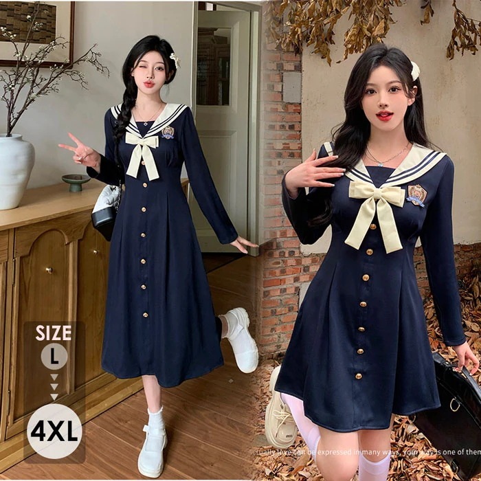 長袖 ワンピース 制服 服 女子高生 スクールウェア 学園祭 文化祭 ラージサイズ L-4XL Aライン レディース 制服 学院風 ロリータ 可愛い ネイビー コスプレ ハロウィン