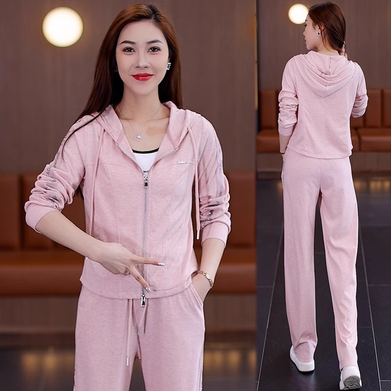 ブランドのスポーツウェアセット女性の春のカジュアルフード付きのワイドパンツ2点セット