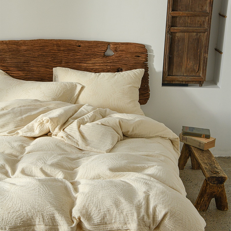 麻・綿・ン4点セットわびさびスタイルベッドシーツ・先染めジャガード掛け布団カバー・綿糸寝具掛け布団カバー4