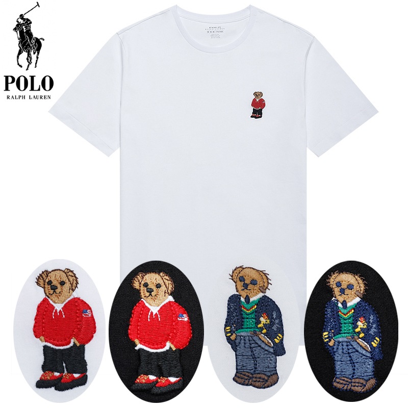本物保証 メンズ コットン ポロベアーししゅう 半袖 Tシャツ カスタムフィット 2カラー展開（ブラック / ホワイト）2スタイルベアー柄 (レッドスウェットベアー) (ネイビーJKTベアー)