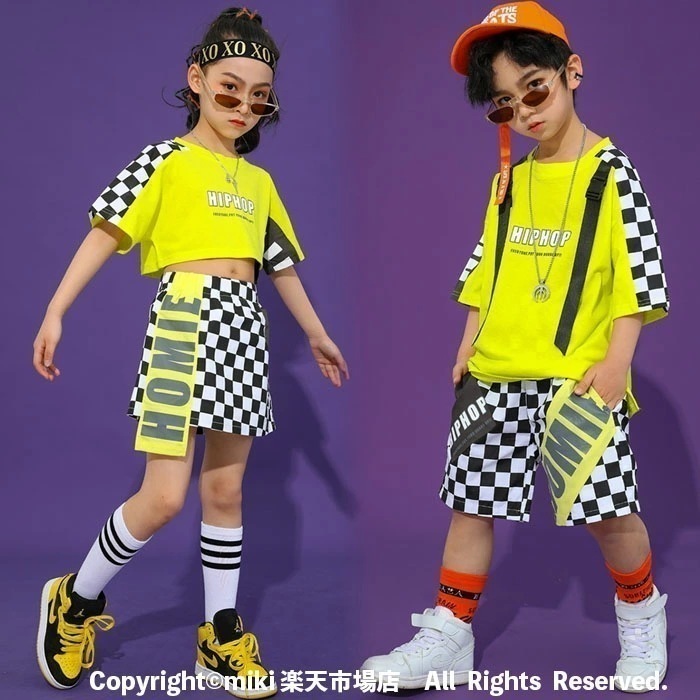 【即納】蛍光色 チェック柄 Tシャツ スカート パンツ キッズセットアップ チアダンス衣装 ヒップホップ チアリーダー 衣装 ジャズダンス 衣装 HIPHOP スカート 体操服 ステージ衣装 可愛い