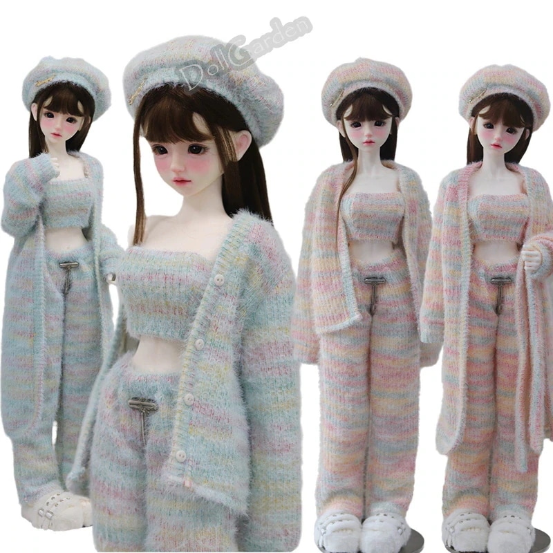 BJD 1/4 ドール服 カラーニットセット 4点セット ベレー帽 カーディガン チューブトップ パンツ ふわふわ 柔らかい MSDサイズ球体関節人形用衣装セット ドールウェア