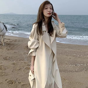スウィートでホワイト春トレンチコートレディーススーツ折襟アウターロングカーディガン韓国ファッションカジュアルトップス