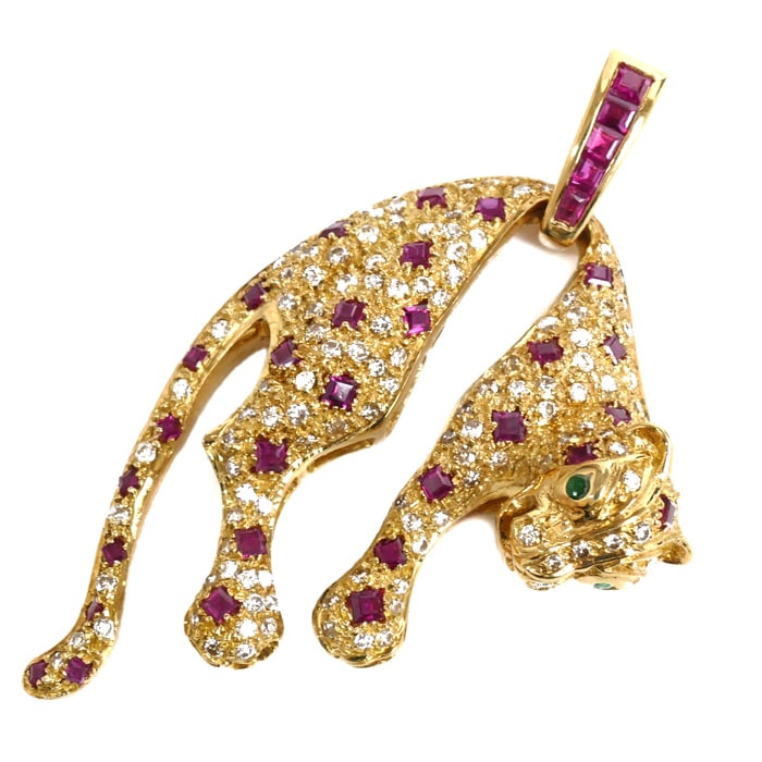 K18YG イエローゴールド パンサー ルビー ダイヤ ペンダントトップ ルビー2.05ct ダイヤモンド1.10ct エメラルド 16.1g レディース 中古 美品 129,250円