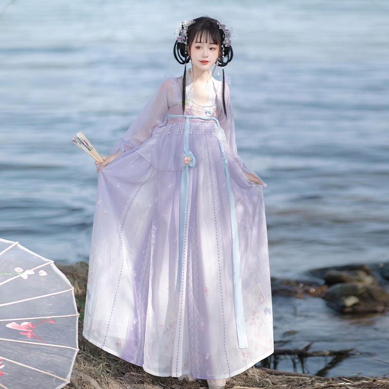 Guochao オリジナルの漢服の女性 [Hualuyao] 胸の長さの漢要素のワンピースの刺繍の印刷は毎日の韓服を改善しました