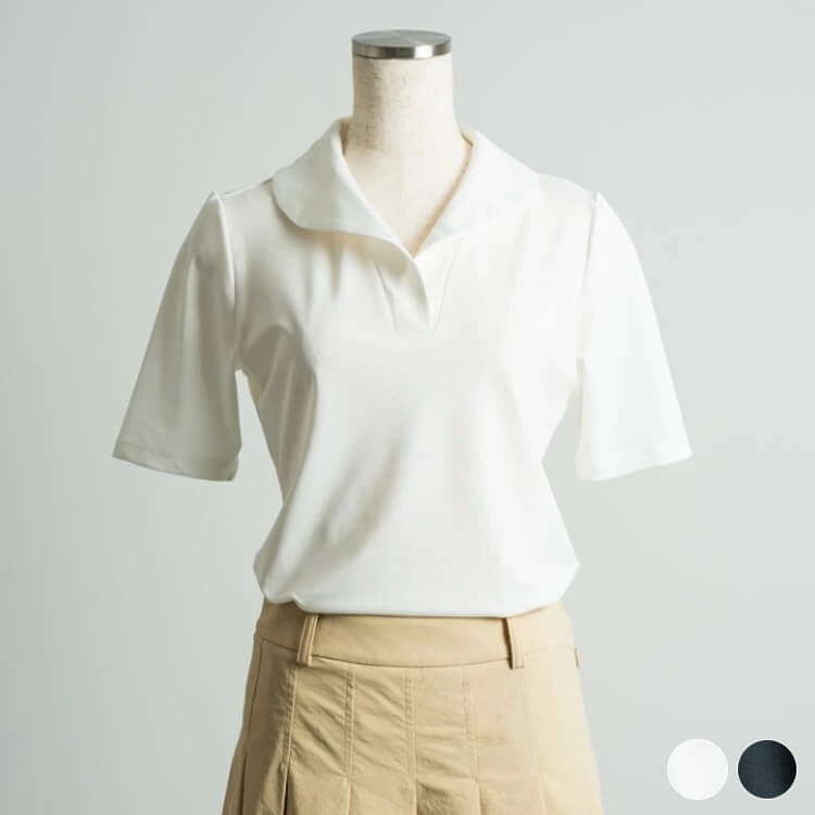 ゴルフウェア レディース 韓国 ポロシャツ 5分袖 半袖 襟 丸襟 春 夏 オープンカラー シンプル Vネック トップス 無地 おしゃれ