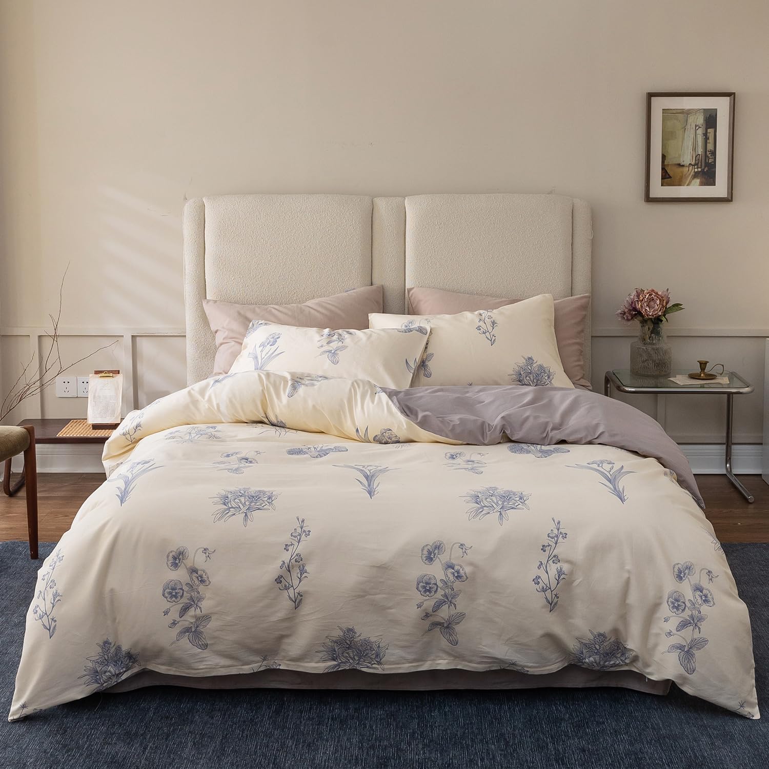 布団カバー 綿 100％ ダブル 4点セット 寝具カバーセット 掛け布団カバー ボックスシーツ 枕カバー ベッドカバー 寝具カバー ダブルジッパー （優雅な花 掛カバー190*210cm）